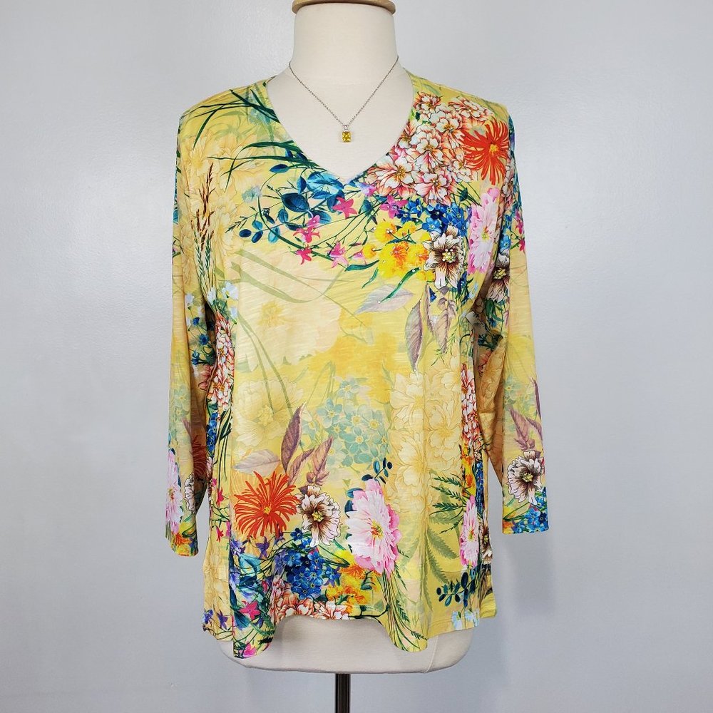 Concepts Beautiful Cheerful Garden Floral Bling V-Neck Top, NWOT, Size L (12-14) - Picture 1 of 16